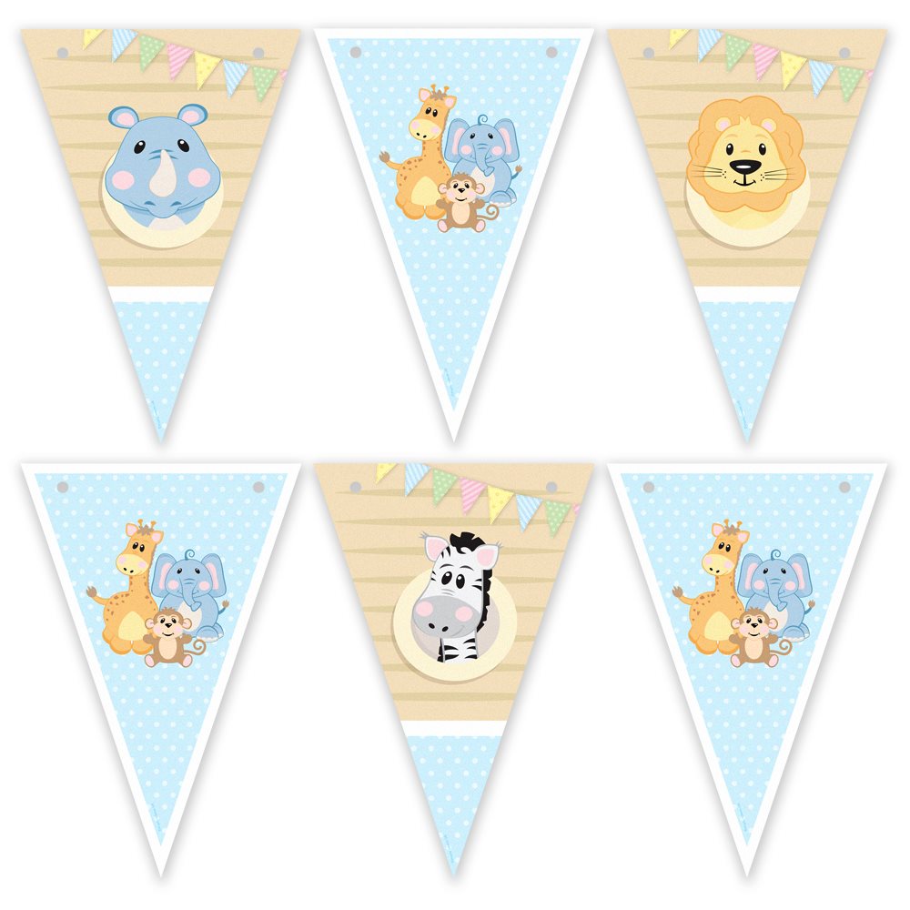 Jungle animal-themed birthday banner with cartoon illustrations on blue and beige backgrounds.
