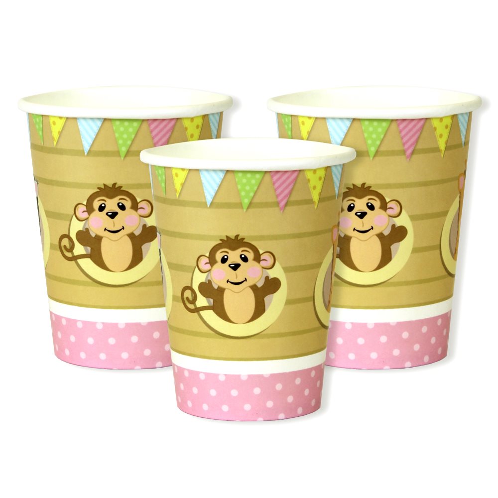 Three paper cups with monkey design and colorful patterns on a white background