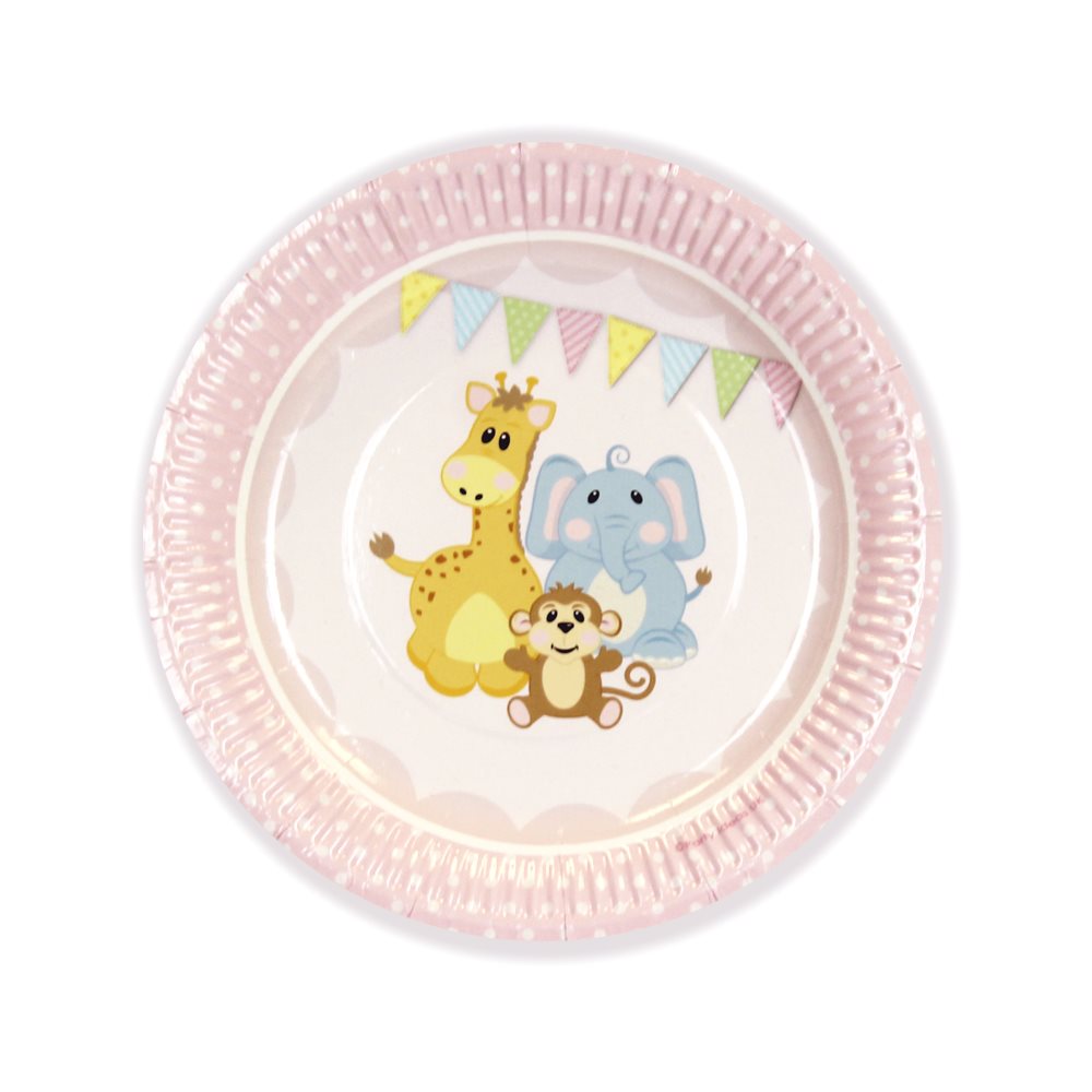 Round plate with cartoon animals and decorative elements on a white background