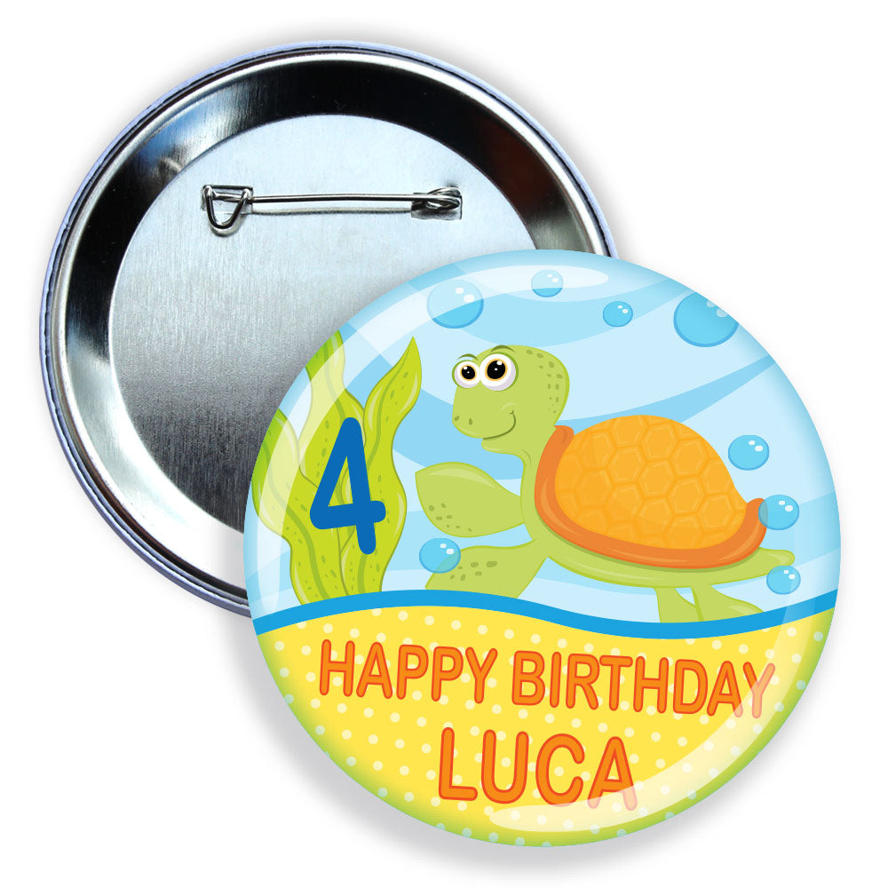 Button badge with turtle design and text 'Happy Birthday Luca' on a white background