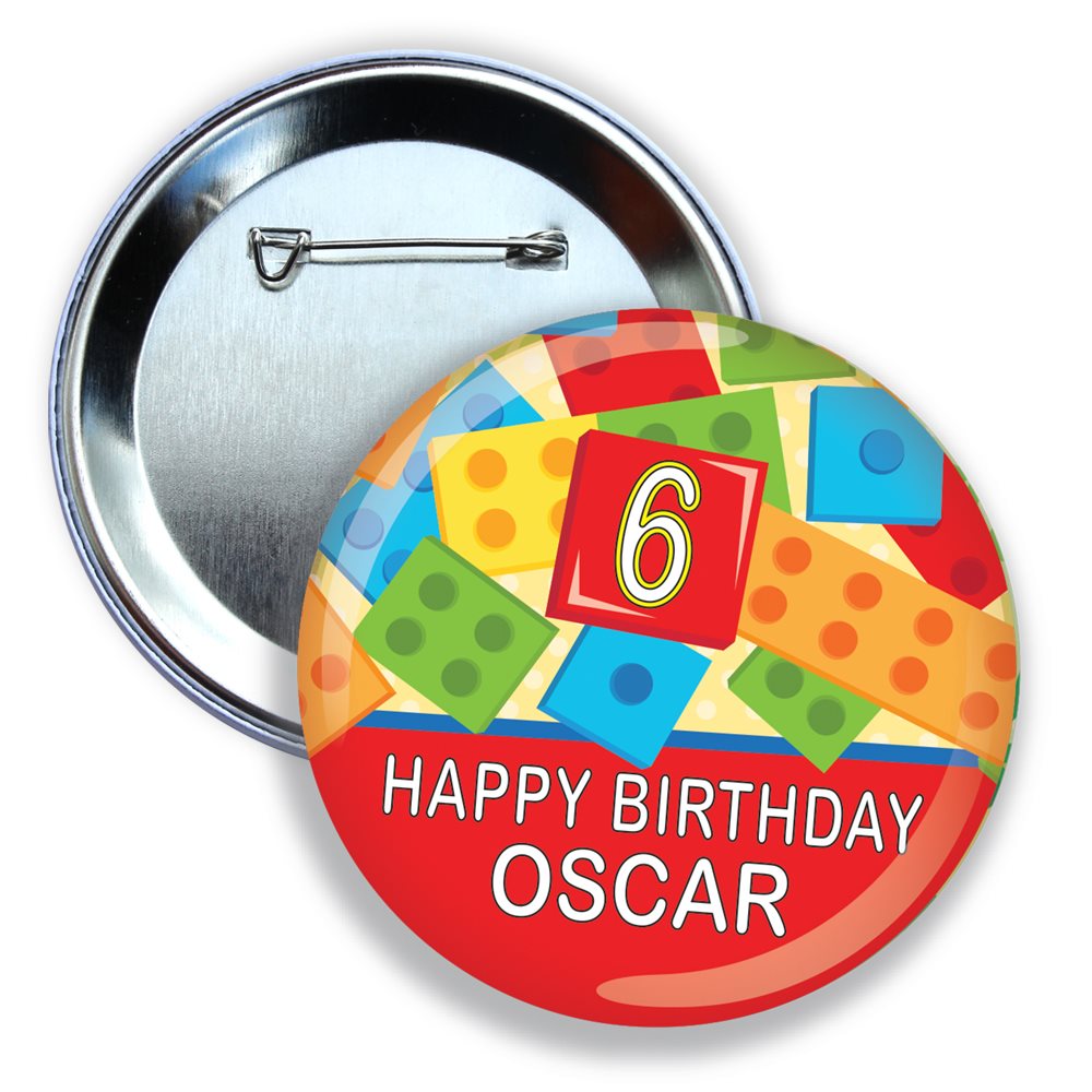 Colourful birthday button badge with 'Happy Birthday Oscar' text