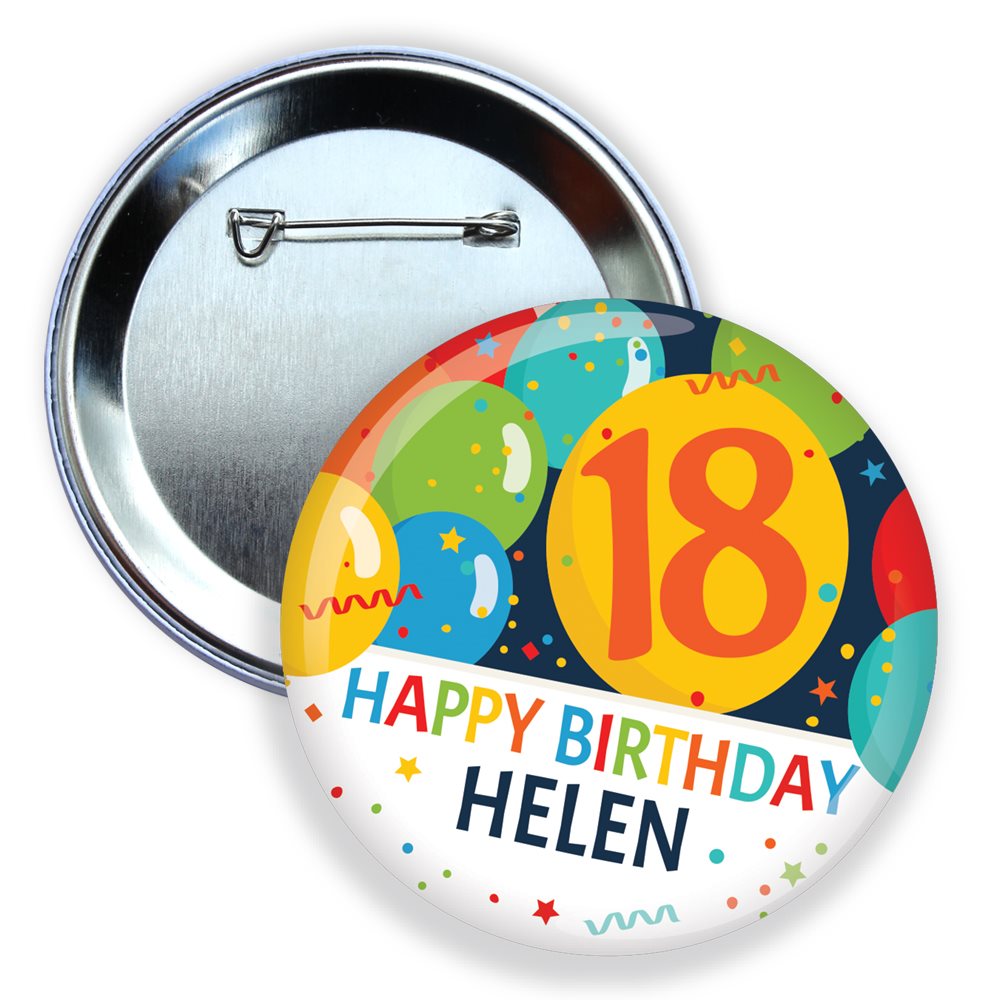 Colorful birthday button badge with balloons and 'Happy Birthday Helen' text on a white background