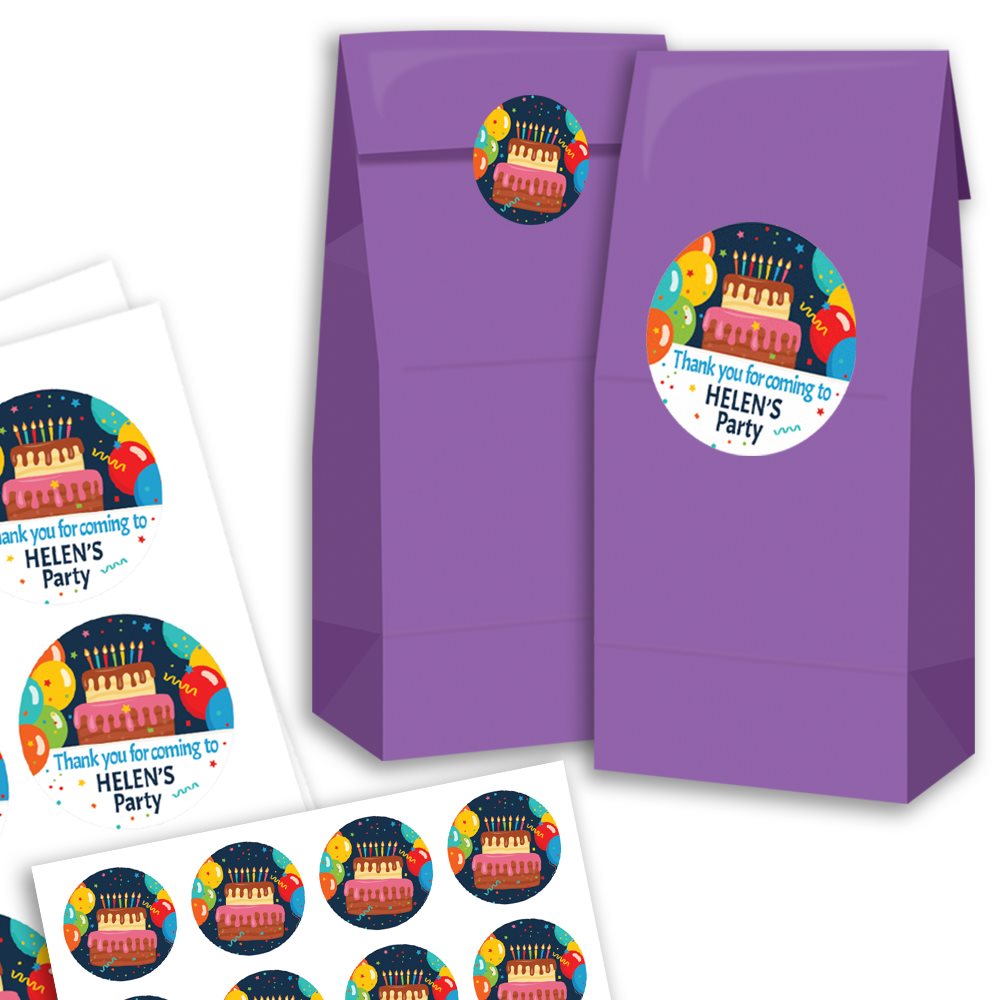 Purple party favor bags with personalized stickers featuring a birthday cake design on a white background.