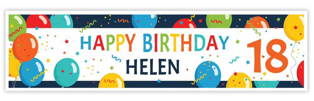 Colorful birthday banner with balloons and the text 'Happy Birthday Helen 18' on a white background.