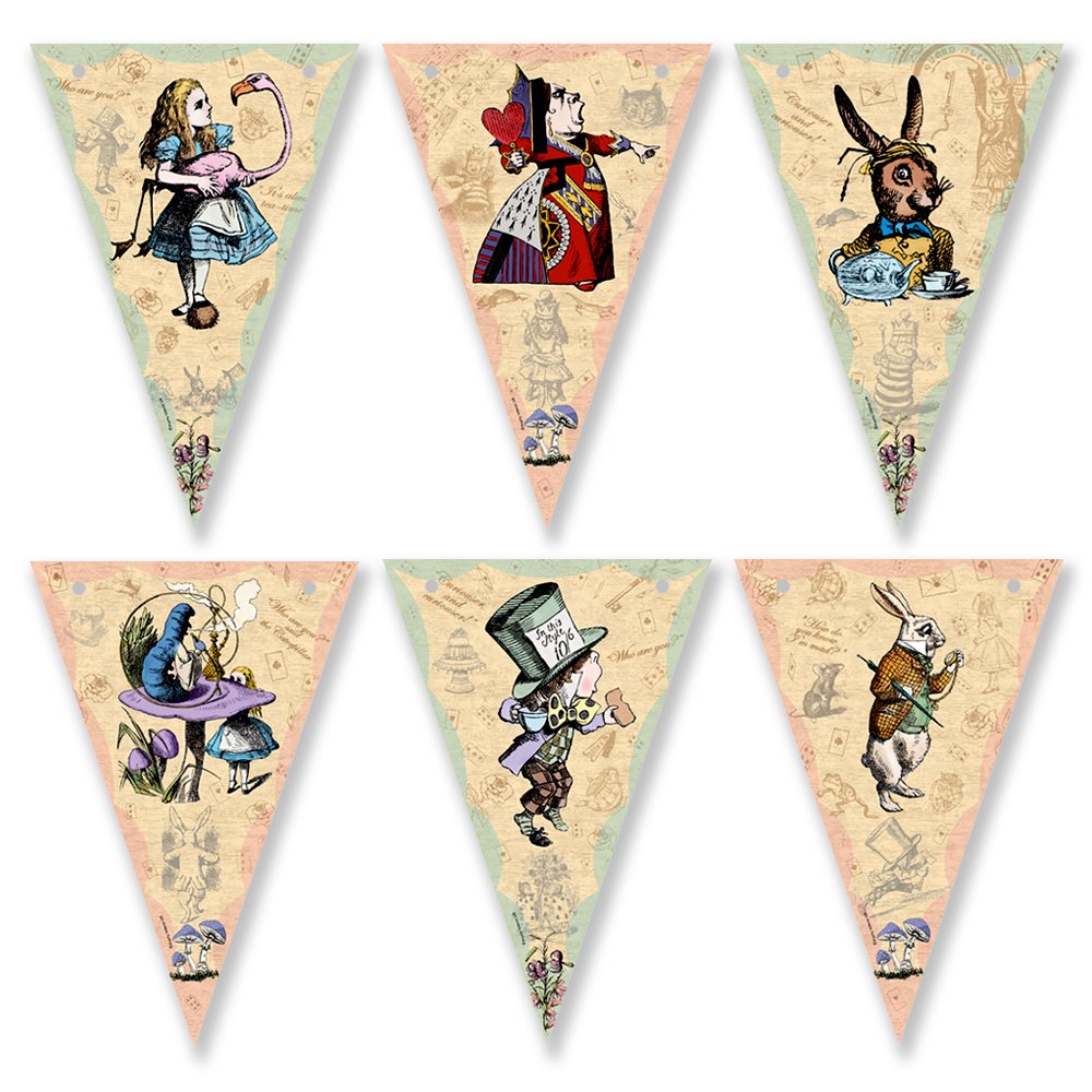 Set of triangle-shaped flags with vintage-style illustrations of characters from a fantasy or fairy tale on a white background.