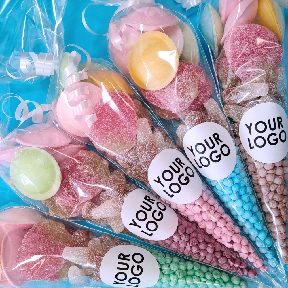 Colorful vegan sweet cones with 'Your Logo' labels on a blue background