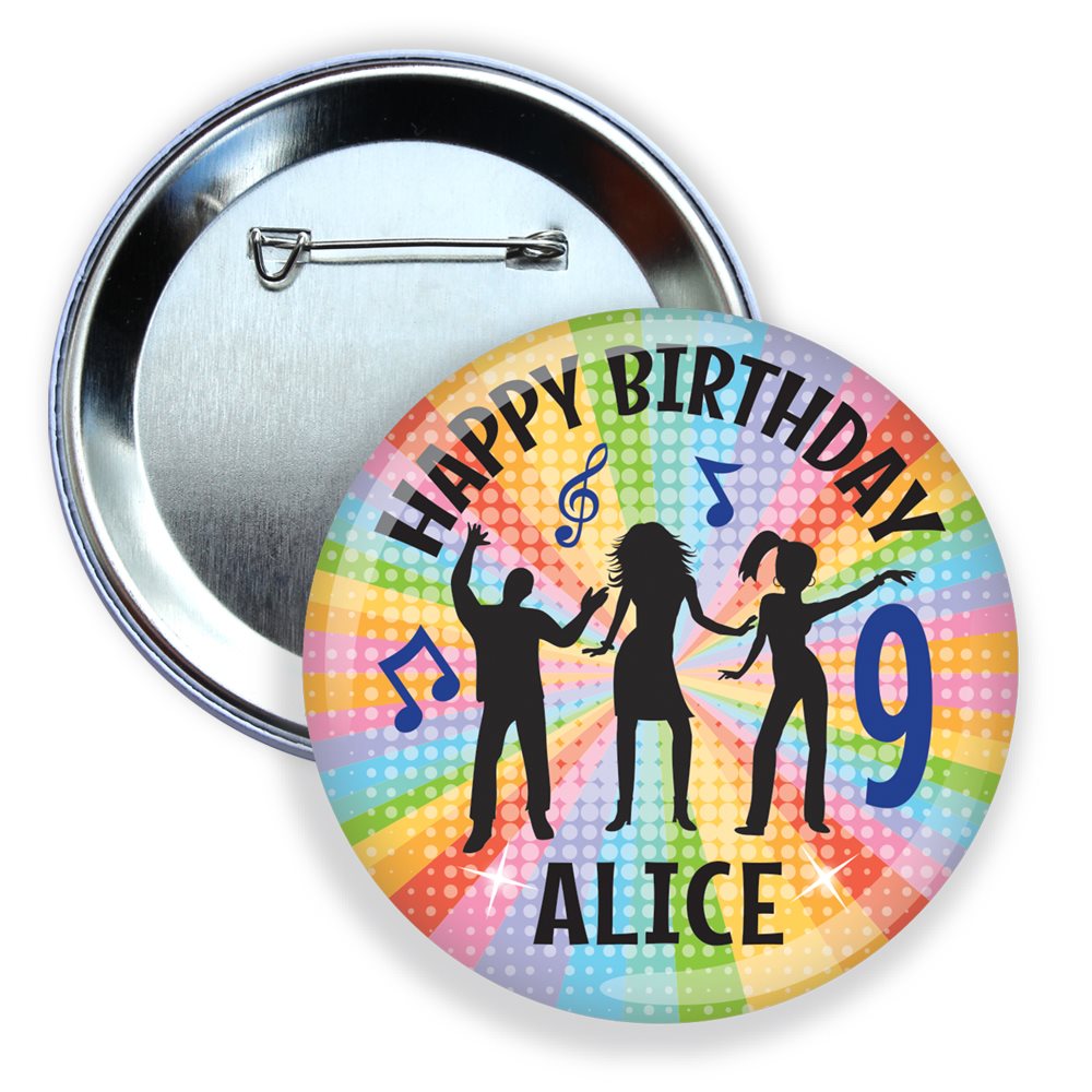 Button badge with 'Happy Birthday Alice 9' design on a colorful background