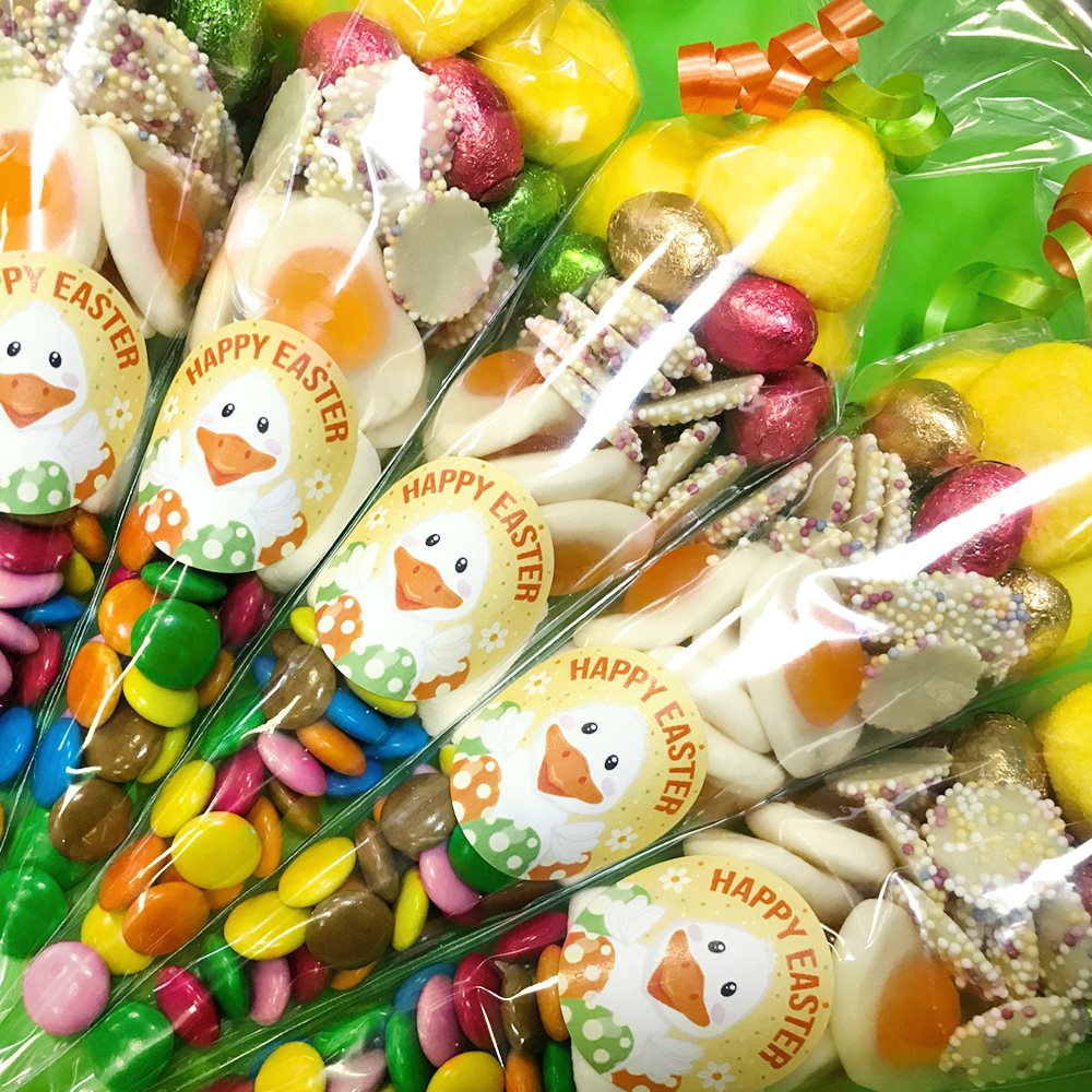 Pre filled sweet cones party favours with Easter stickers