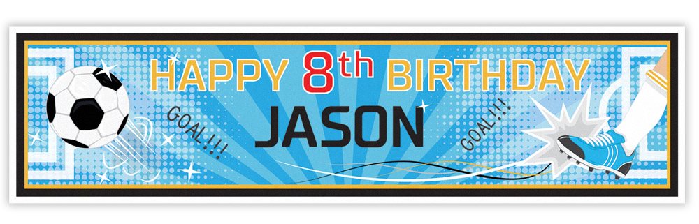 Birthday banner with sports-themed graphics and text for a 8th birthday party.