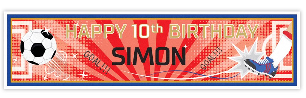Birthday banner with soccer ball, goal, and text 'Happy 10th Birthday Simon' on a red and blue background.