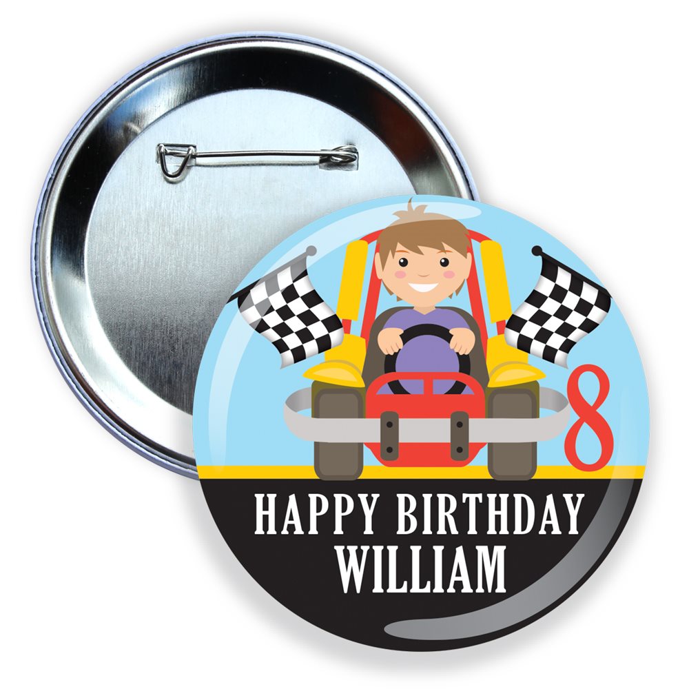 Button badge with a cartoon character in a race car, checkered flags, and 'Happy Birthday William' text.