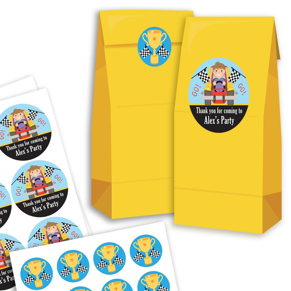 Yellow party favour bags with race car theme stickers on a white background