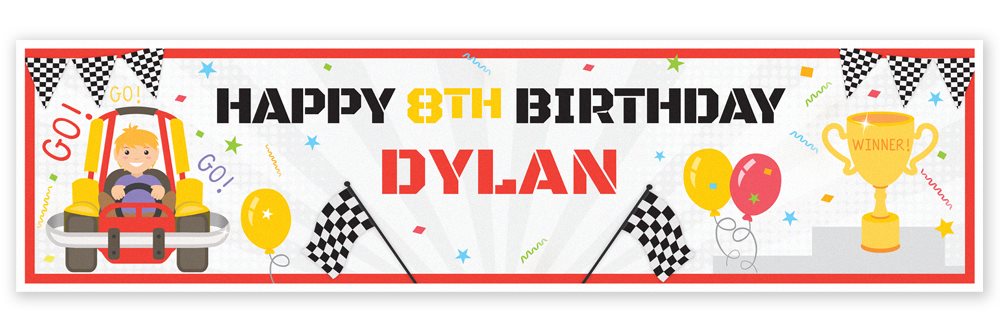 Birthday banner with race car theme and text 'Happy 8th Birthday Dylan' on a white background.
