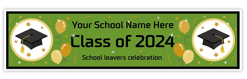 Graduation-themed banner with customisable text for a school leavers celebration in 2024.