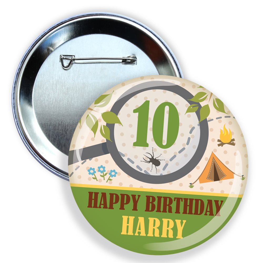 Round birthday button pin badge with 'Happy Birthday Harry' text and camping theme