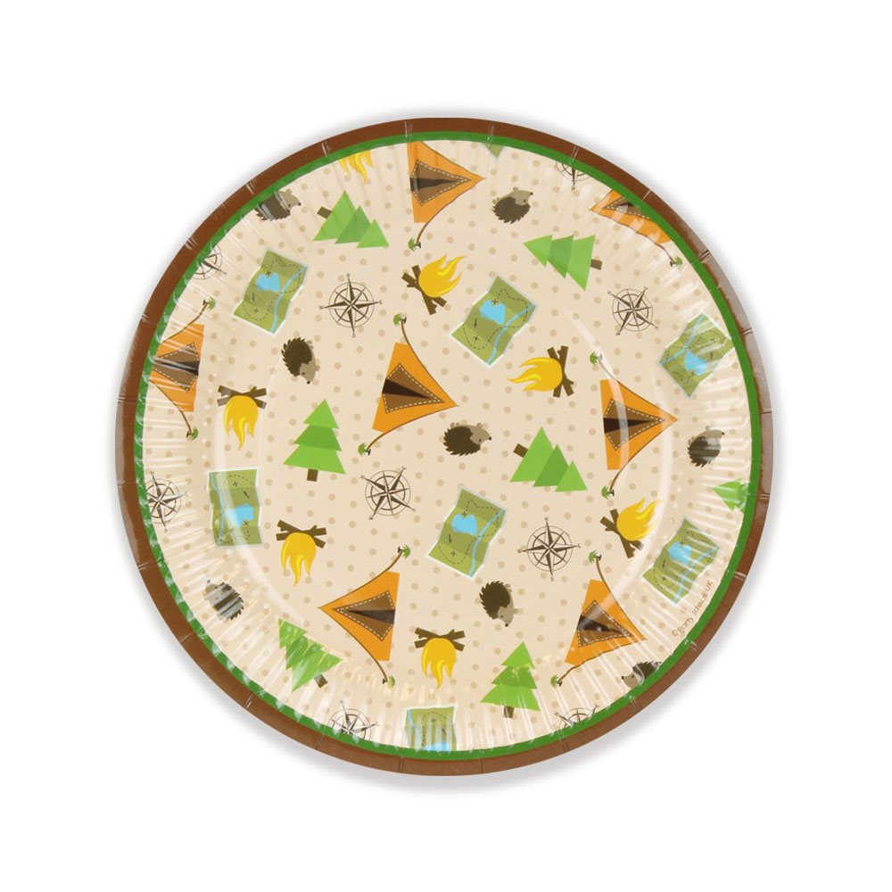 Round paper plate with camping-themed design featuring triangles, trees, and compasses on a beige background.