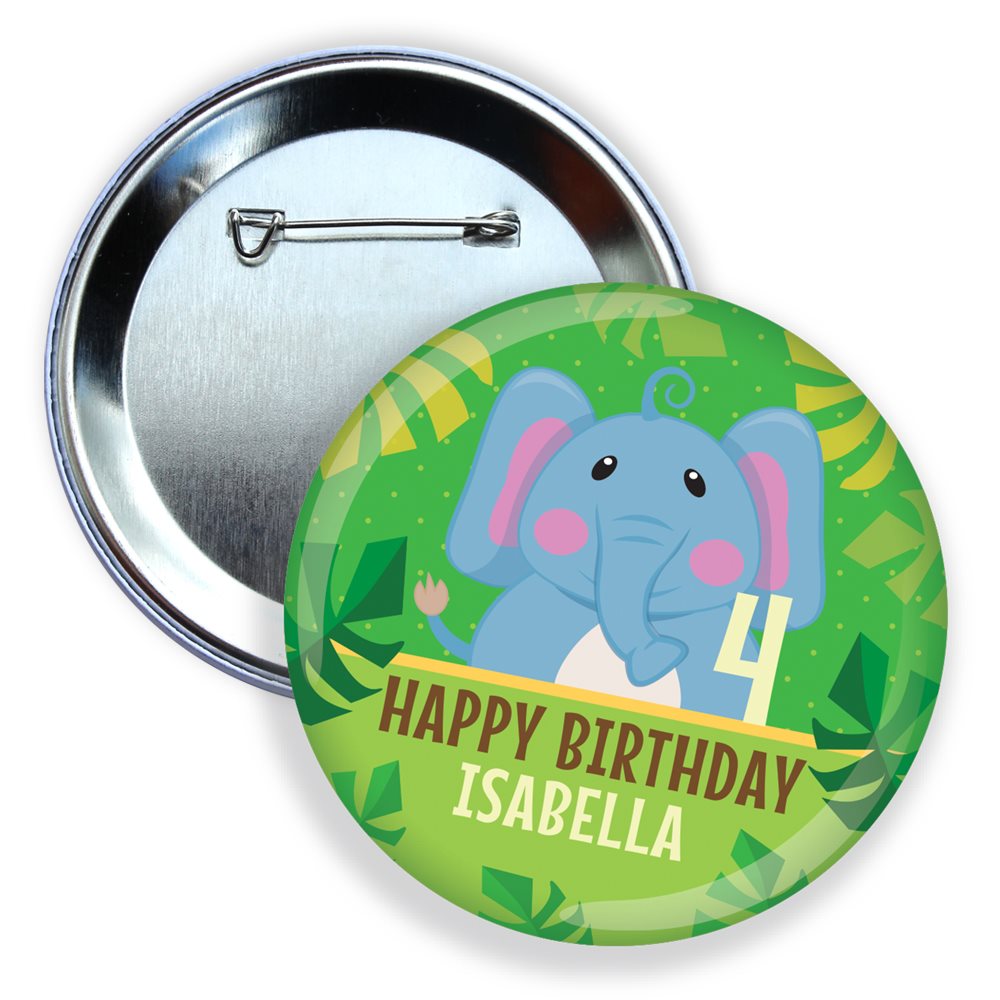 Button badge with elephant design and 'Happy Birthday Isabella' text on a green background