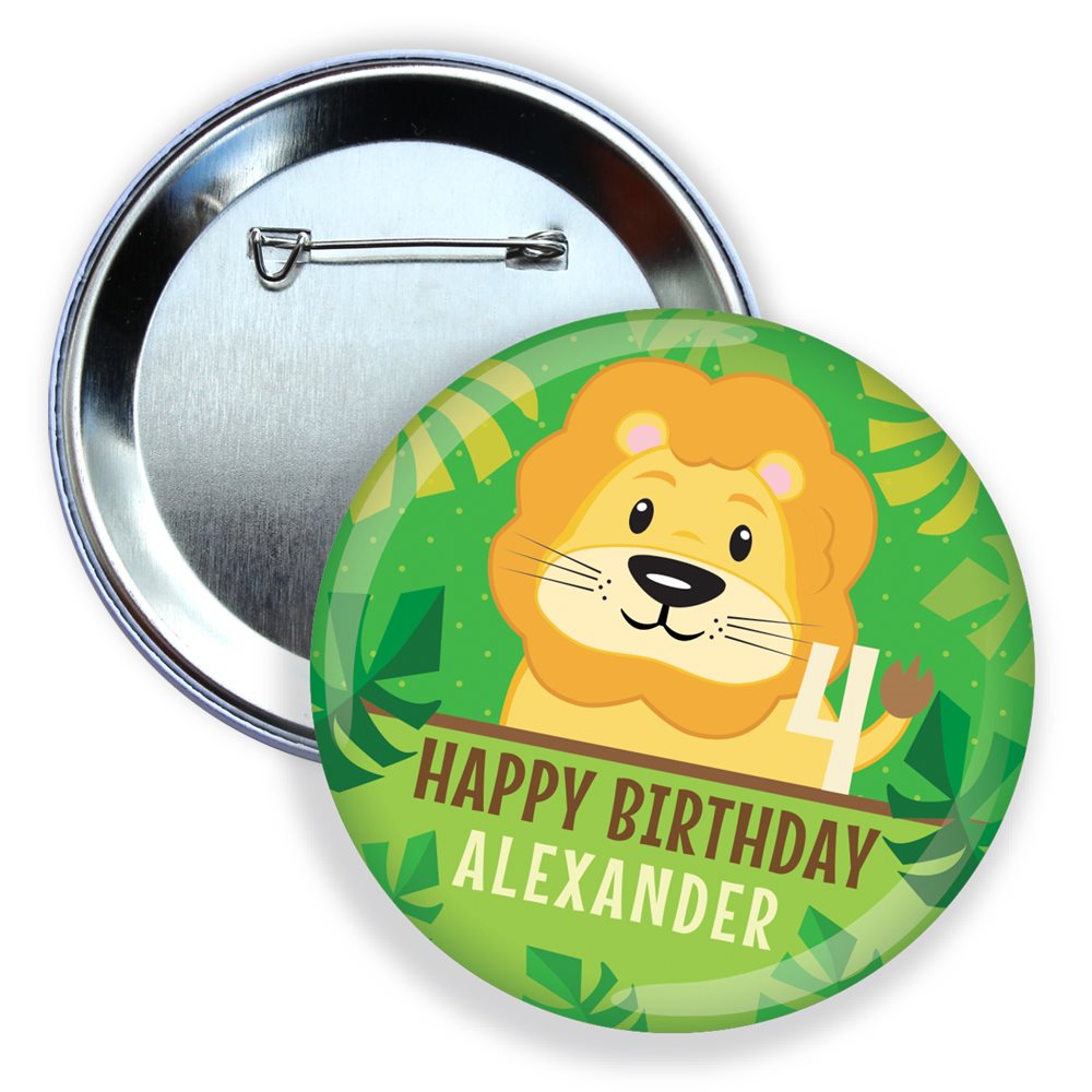 Button badge with a lion illustration and 'Happy Birthday Alexander' text on a green background