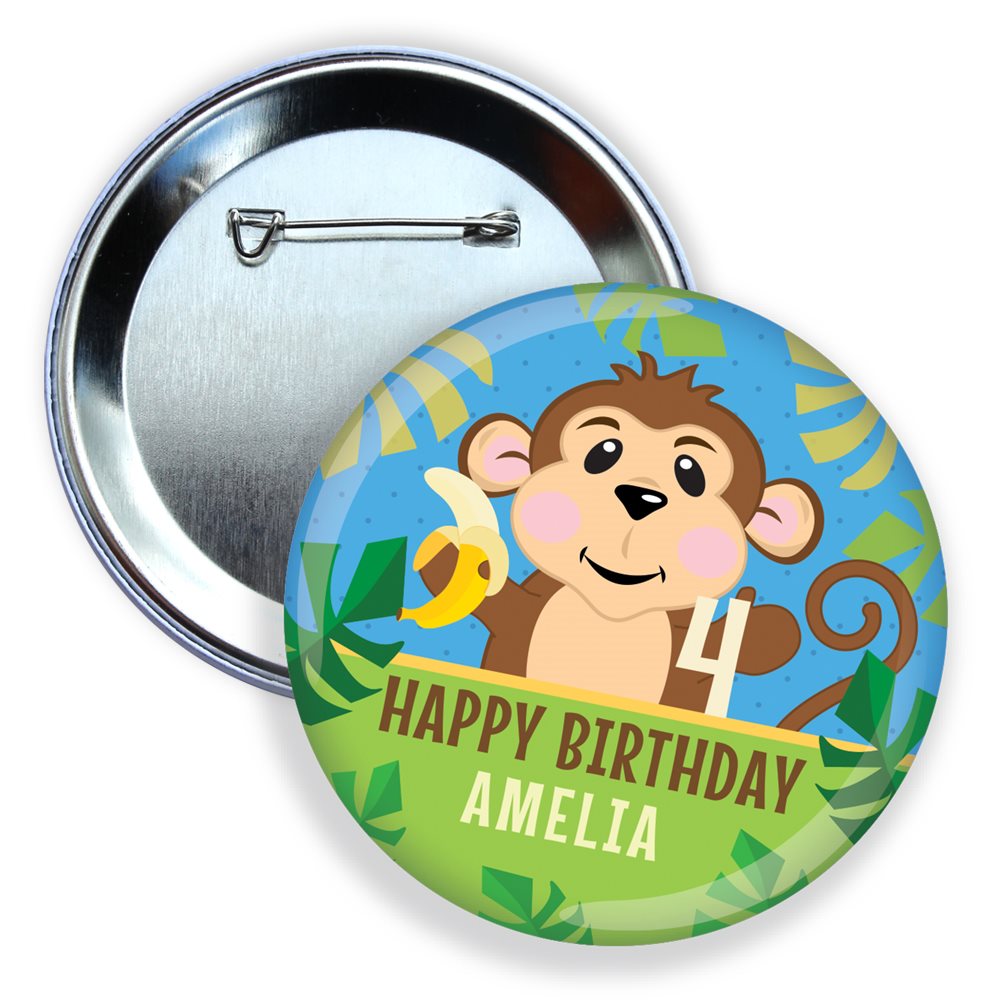 Button badge with a monkey design and 'Happy Birthday Amelia' text on a blue and green background.