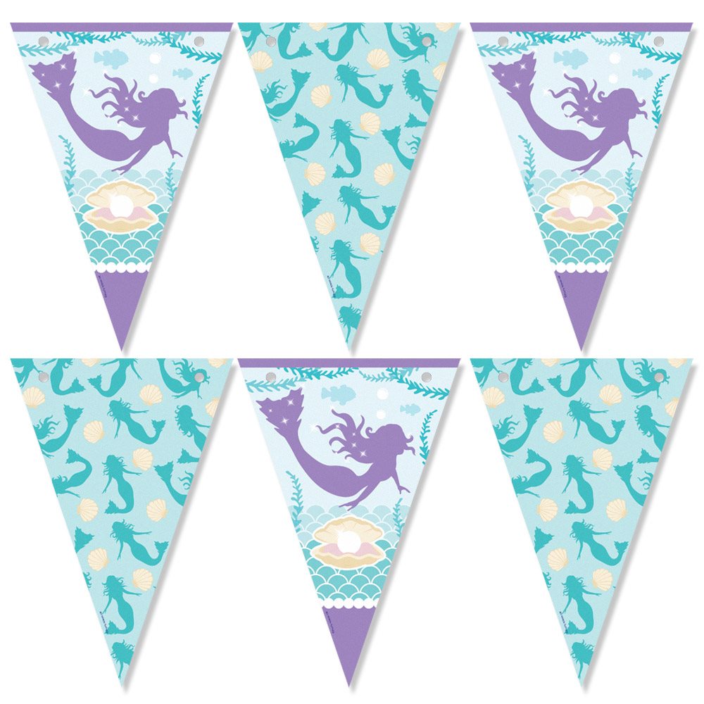 Mermaid-themed party banner with blue, purple, and teal colors on a white background