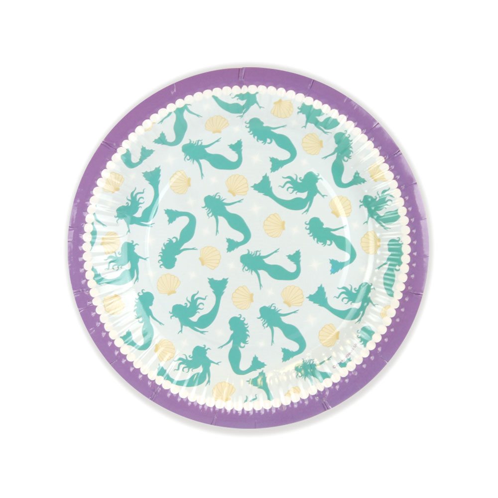 Round paper plate with mermaid pattern on a white background