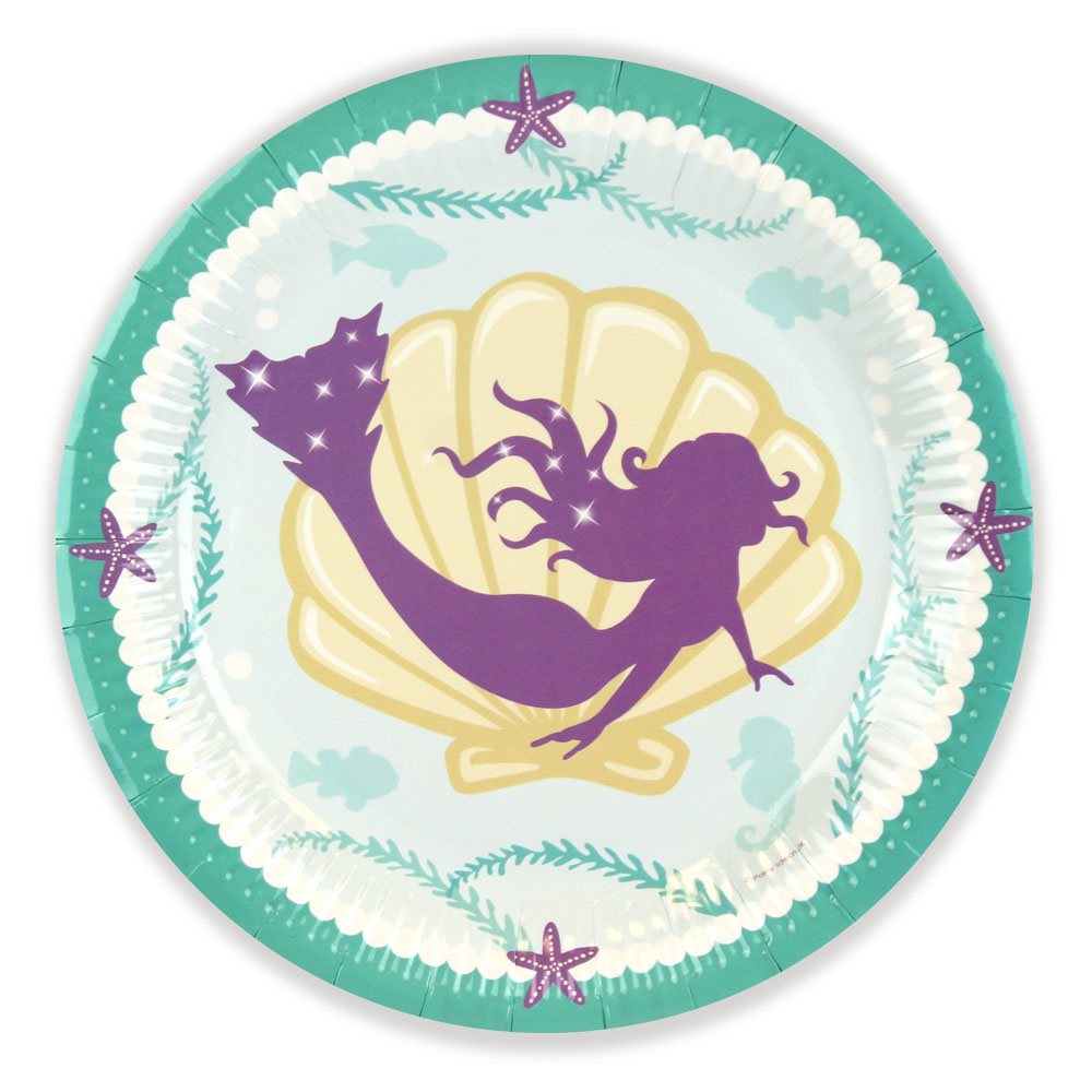 Paper plate with mermaid design on a white background