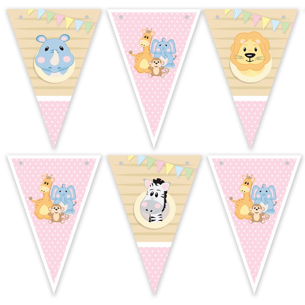 Set of colorful animal-themed party flags on a white background