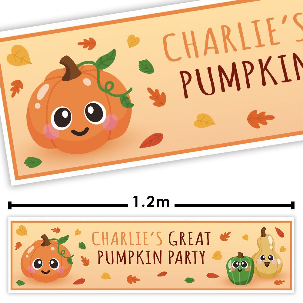 Personalized autumn party banner design with a cute smiling pumpkin, fall leaves, and text reading 'CHARLIE'S PUMPKIN' and 'CHARLIE'S GREAT PUMPKIN PARTY,' shown with a width measurement of 1.2m.