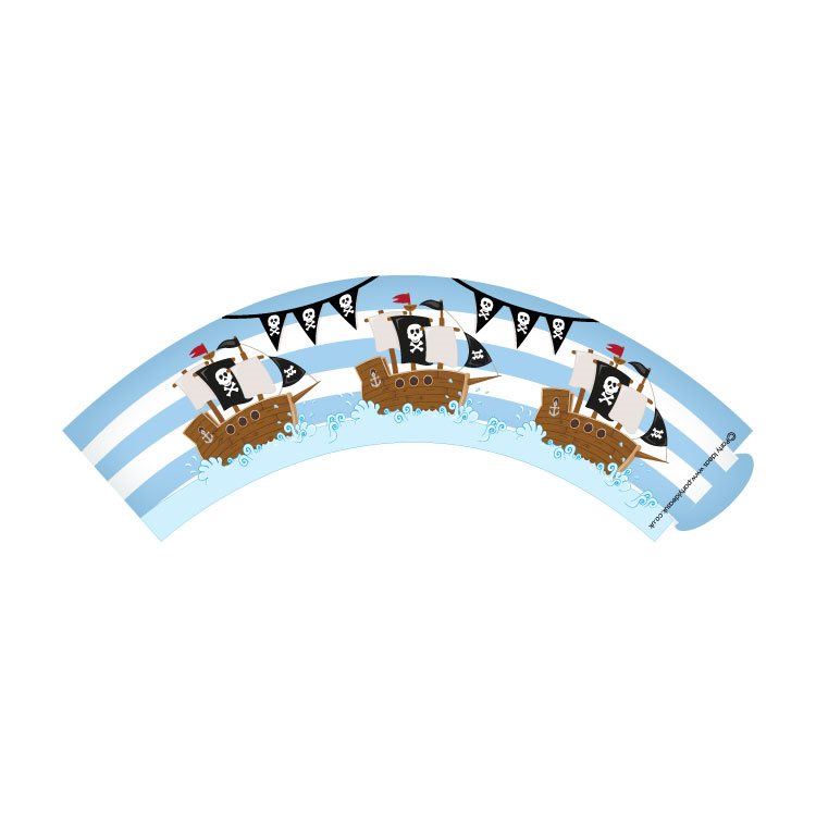 Pirate-themed paper cupcake wrapper with ships and skull flags on a white background