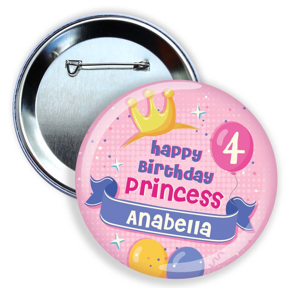 Button badge with 'Happy Birthday Princess Anabella' text and graphics on a pink background