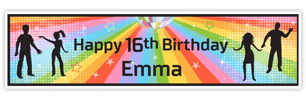 Happy 16th Birthday banner with silhouettes of people on a rainbow background