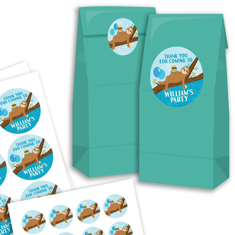 Teal party favoyr bags with sloth illustrations and personalised text on a white background