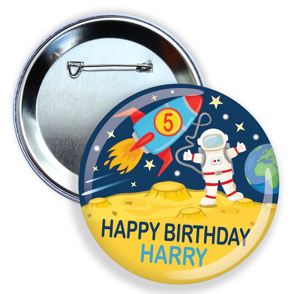 Space-themed birthday button with an astronaut and rocket, personalized for Harry.