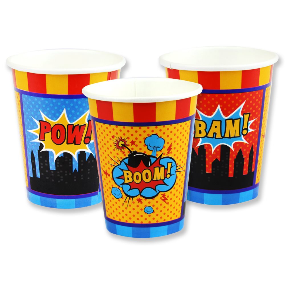Superhero-themed paper cups with 'POW!', 'BAM!', and 'BOOM!' designs on a white background.