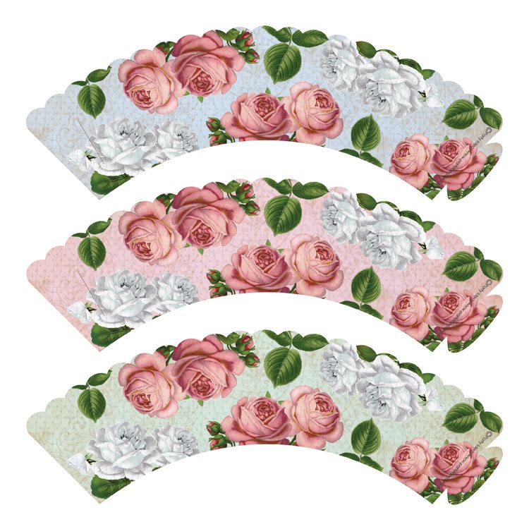 Set of three floral-patterned products with pink and white flowers on a white background