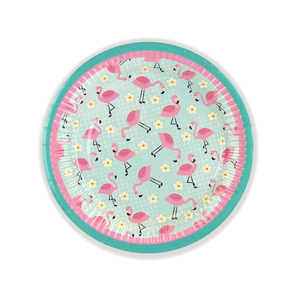 Round paper plate with pink flamingo design on a white background