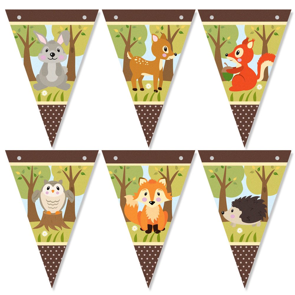 Woodland animal-themed banner flags with fox, deer, rabbit, owl, and hedgehog designs.