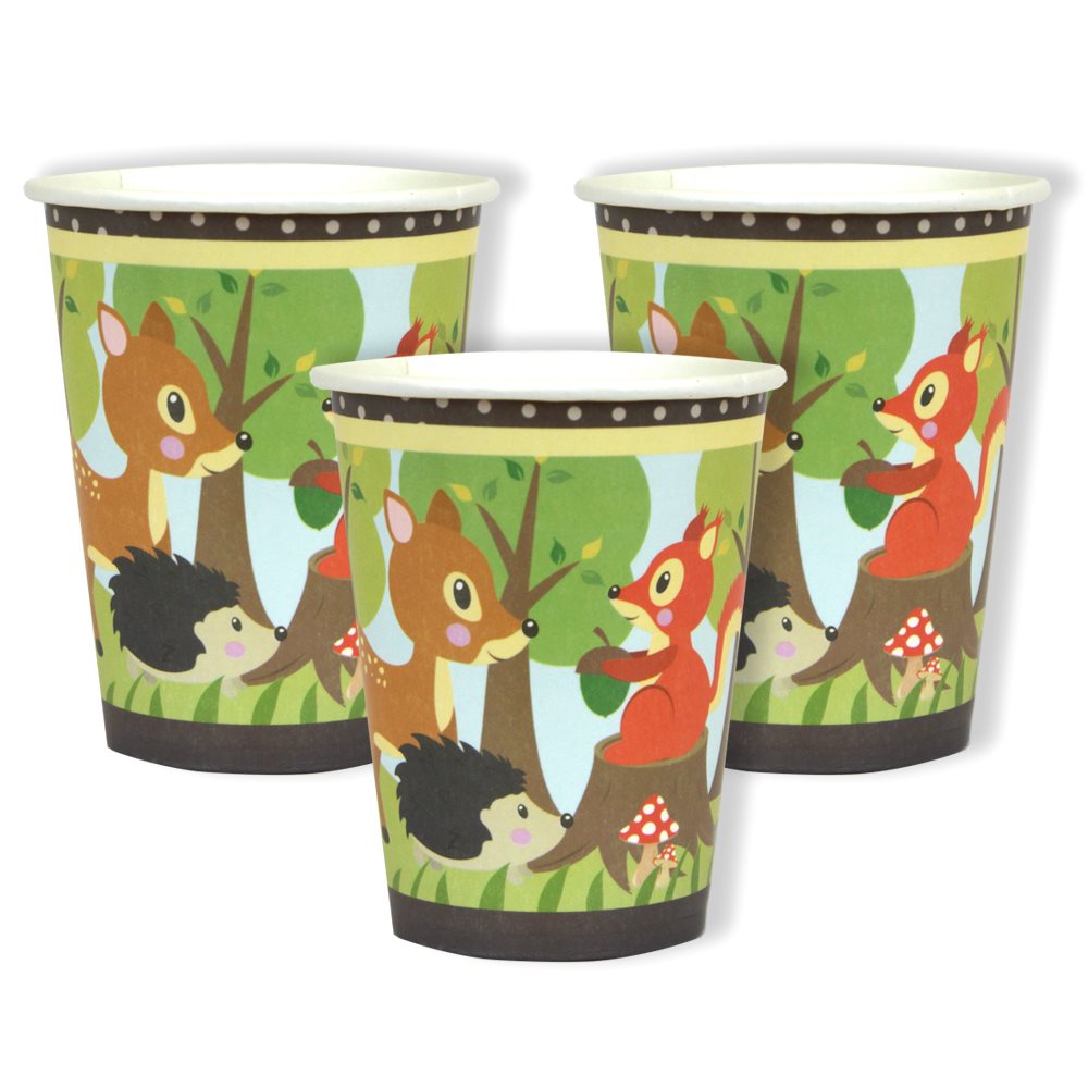 Three paper cups with forest animal design on a white background