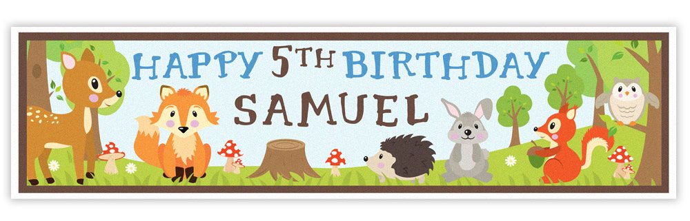 Woodland-themed birthday banner with animals and 'Happy 5th Birthday Samuel' text.