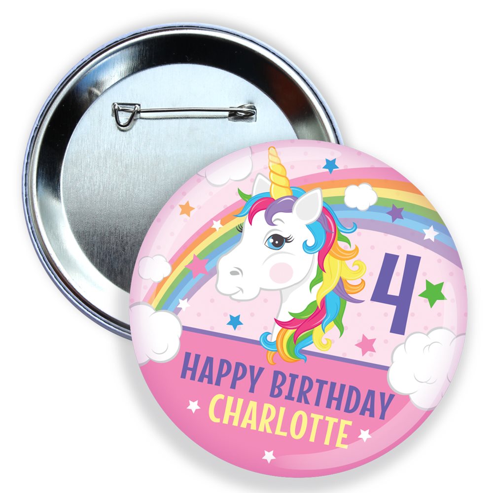 Button badge with unicorn design and 'Happy Birthday Charlotte' text on a pink background