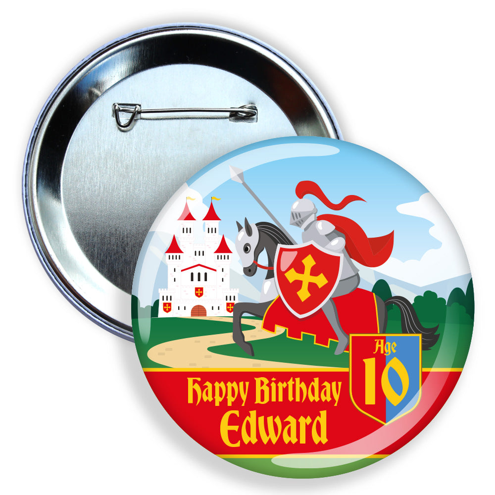 Round button badge with a knight and castle design, personalized for 'Happy Birthday Edward'.