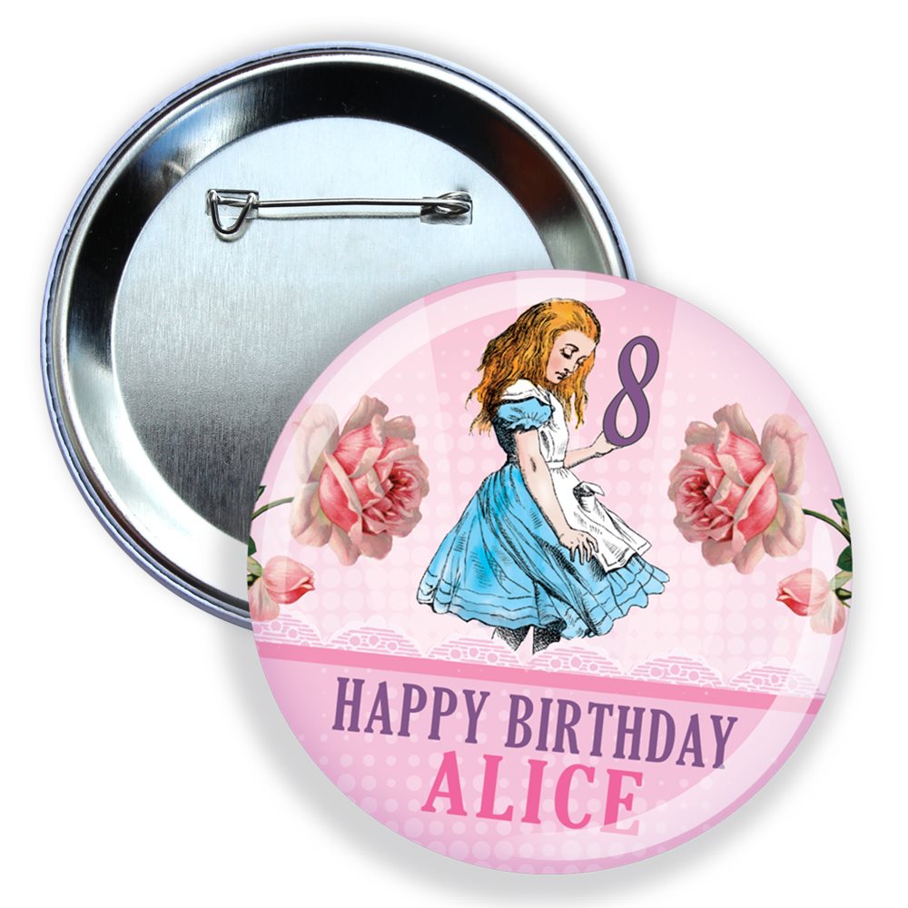 Button badge with Alice in Wonderland design and 'Happy Birthday Alice' text on a pink background.