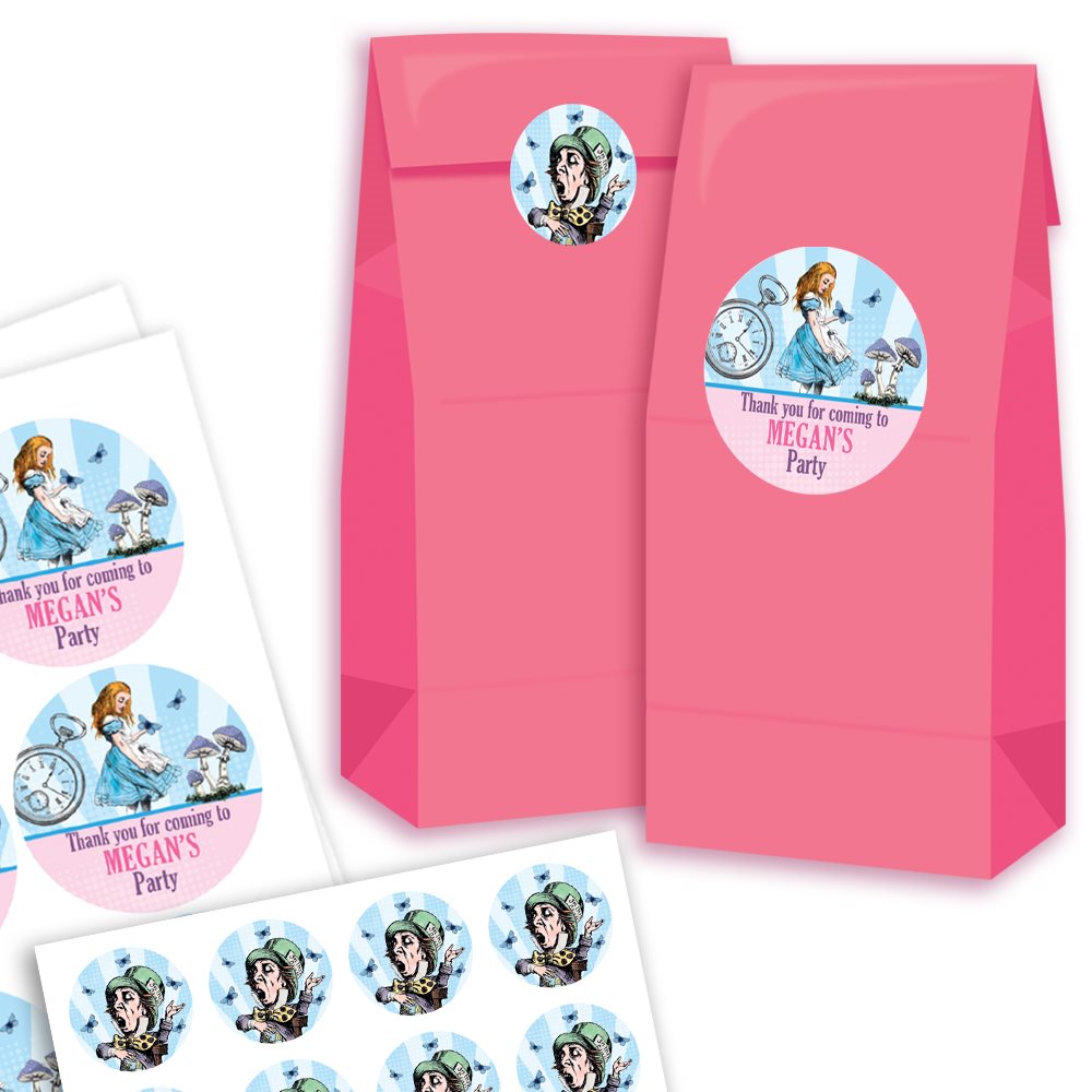 Pink party favour bags with personalised stickers featuring cartoon characters on a white background.