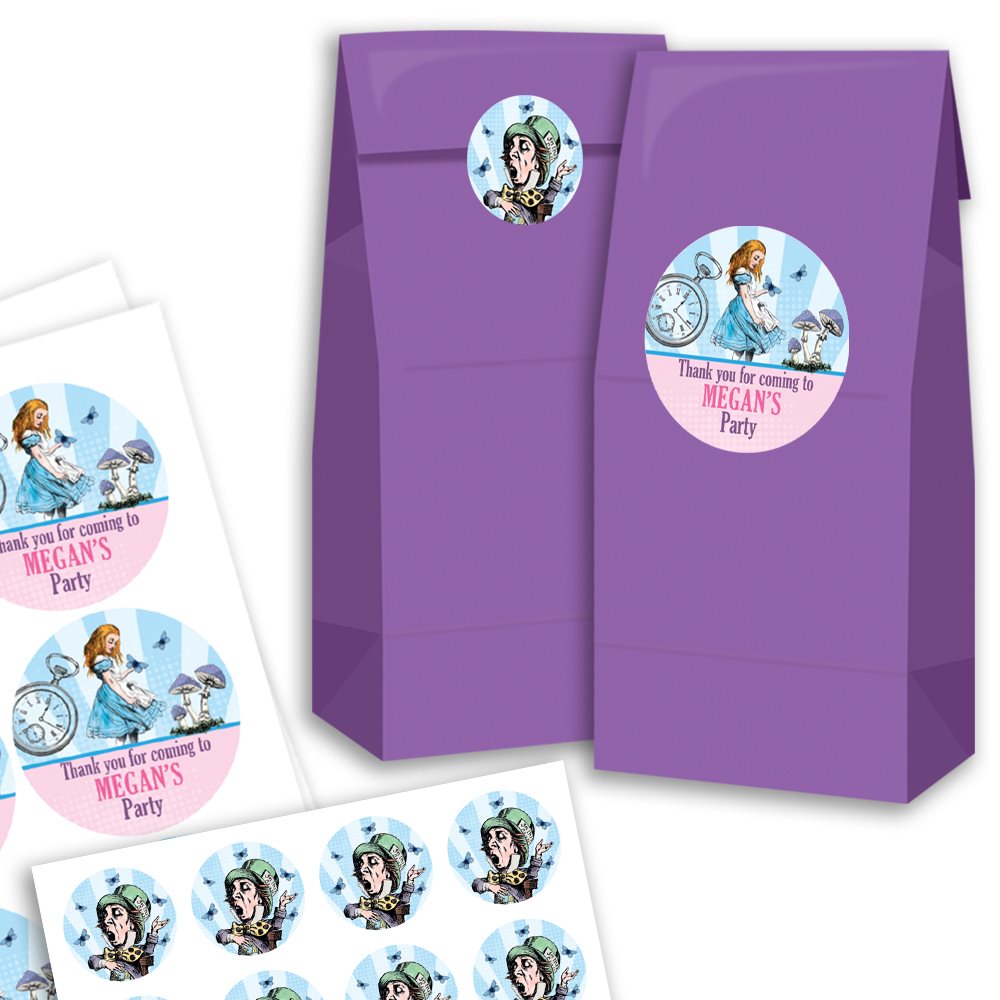 Purple party favor bags with personalized stickers featuring cartoon characters and text.