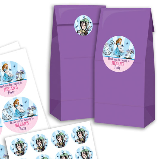 Purple party favor bags with personalized stickers featuring cartoon characters and text.