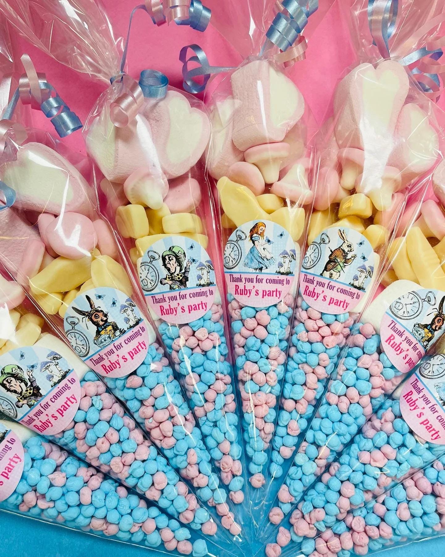 Personalised party sweet cones with pre filled sweets and birthday stickers