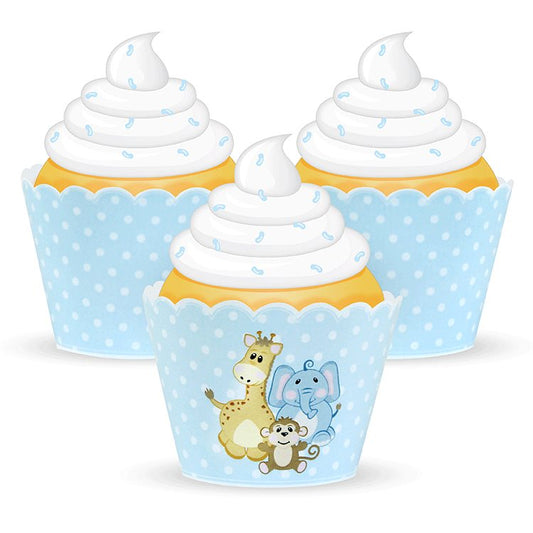 Three cupcakes with blue polka dot wrappers featuring cartoon animals on a white background