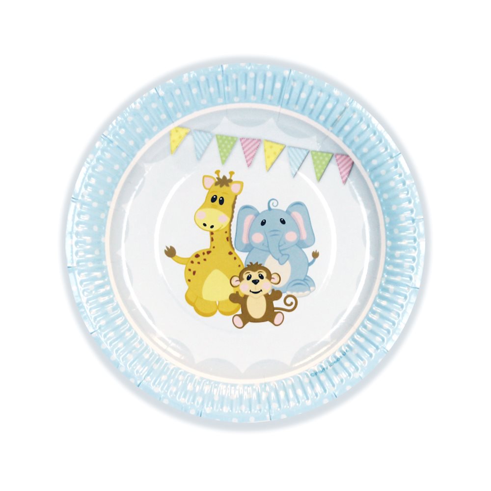 Round plate with cartoon animals and decorative elements on a white background