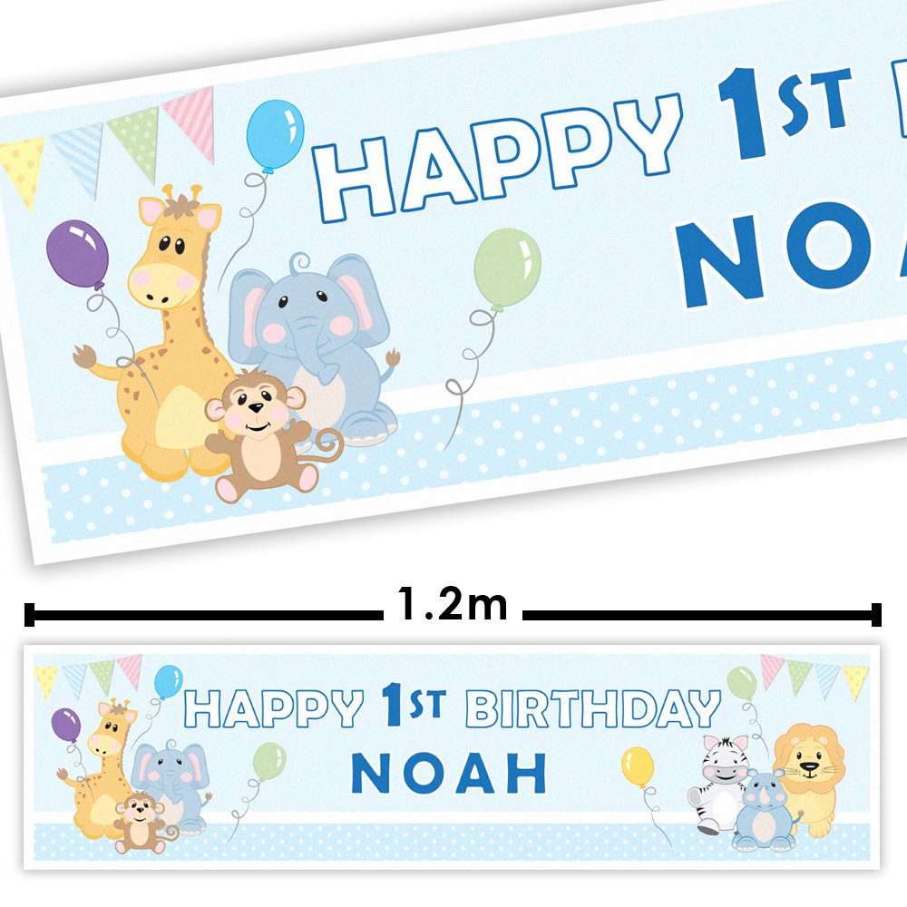 Happy 1st Birthday banner with cartoon animals and balloons, customizable with a name.
