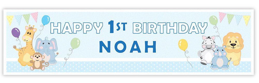 Happy 1st Birthday banner with cartoon animals and balloons on a blue background